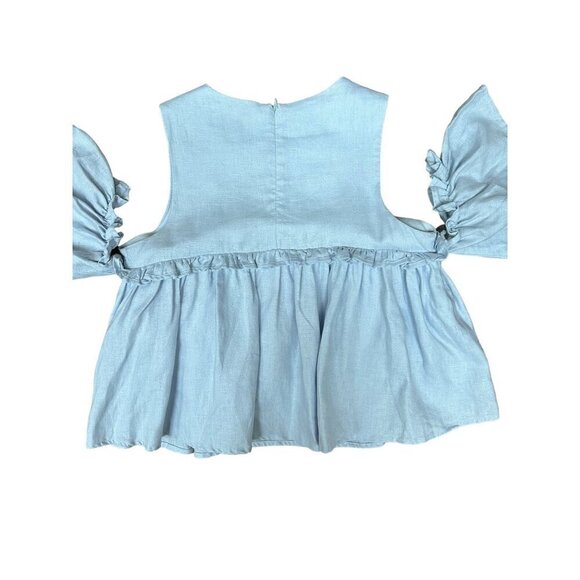 J.O.A. Los Angeles Layered Ruffle Cold Shoulder Top Chambray 100% Linen Size S - Picture 6 of 8